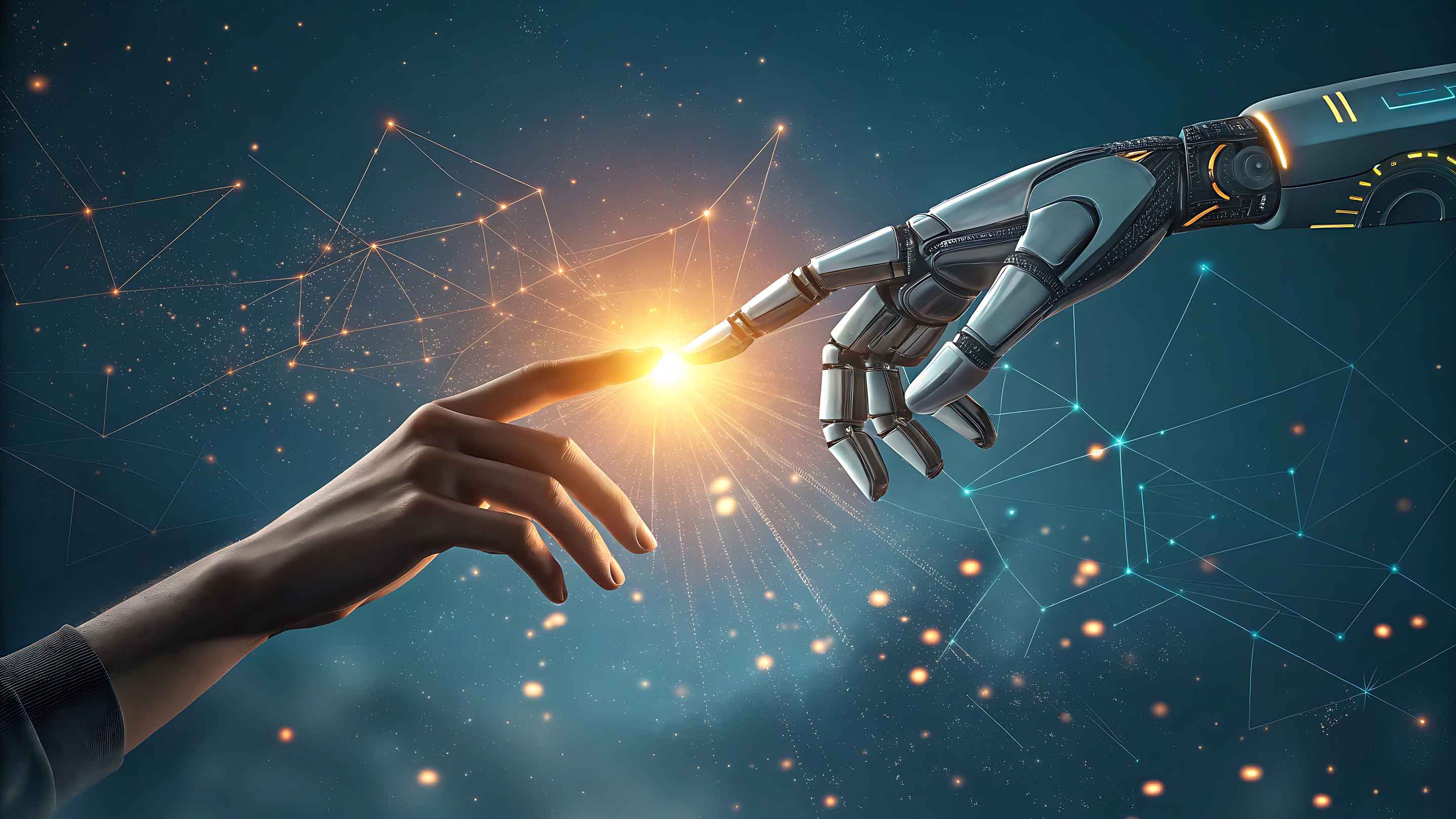 AI-Hand berührt menschliche Hand