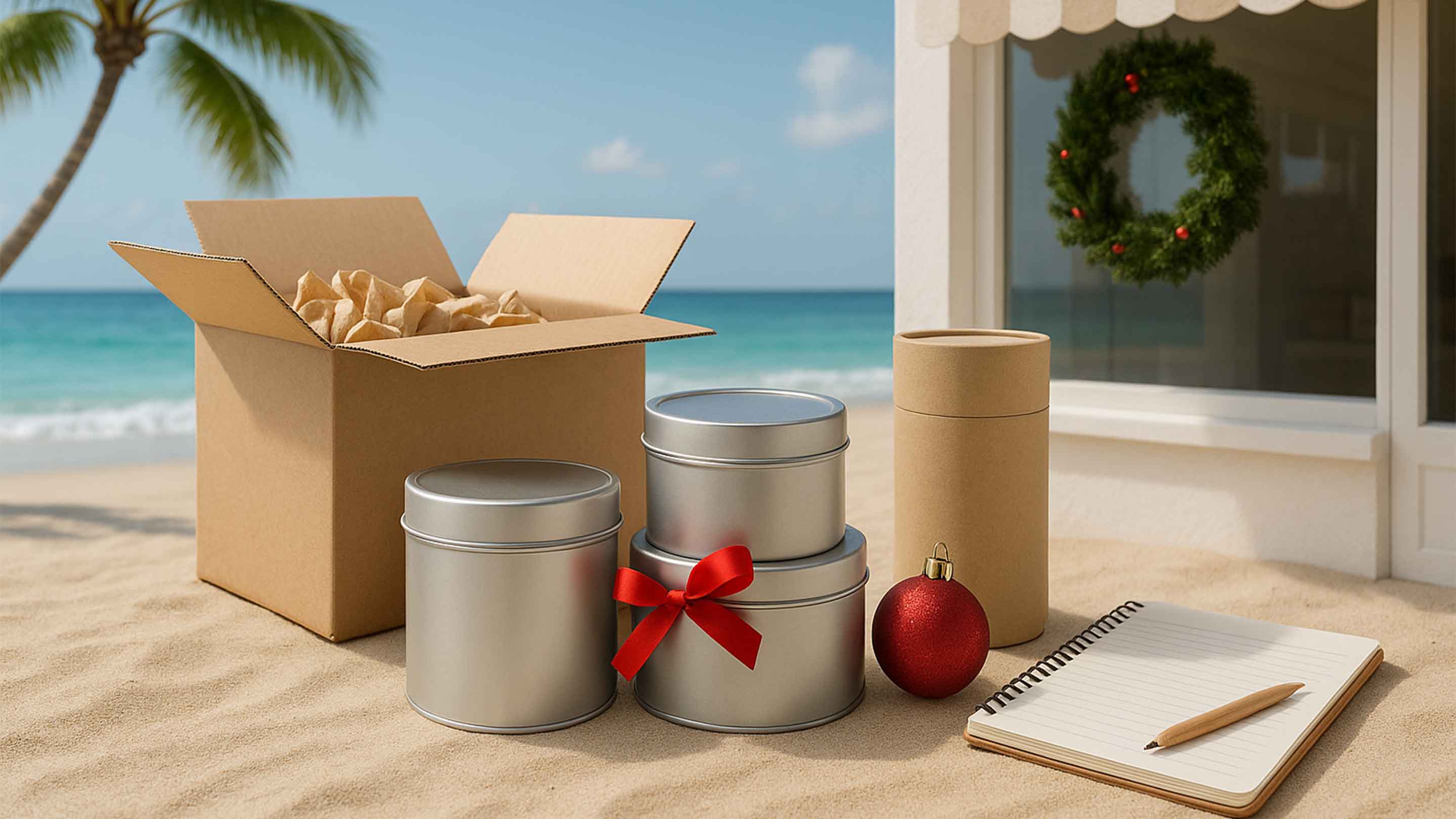 Verpackung am Strand mit Weihnachtsdekoration