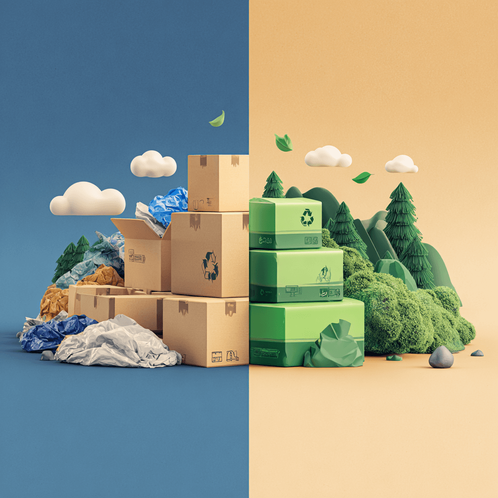 Illustration, die Abfälle durch Überverpackung mit nachhaltiger, umweltfreundlicher Verpackung vergleicht und links Stapel von überschüssigem Karton und Plastik gegenüber ordentlichen grünen, recycelbaren Kisten und Bäumen rechts zeigt.