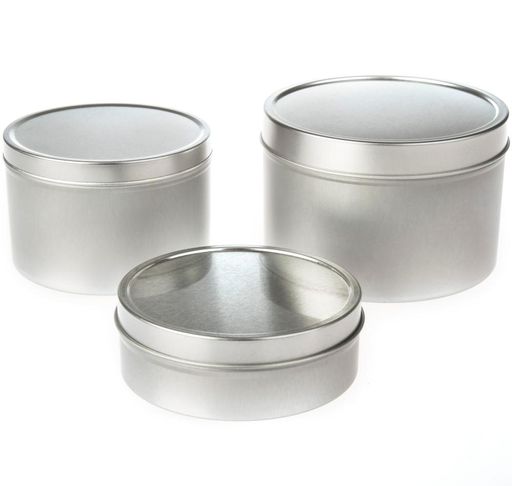 Runde nahtlose Weißblechdose mit Stülpdeckel in Silber