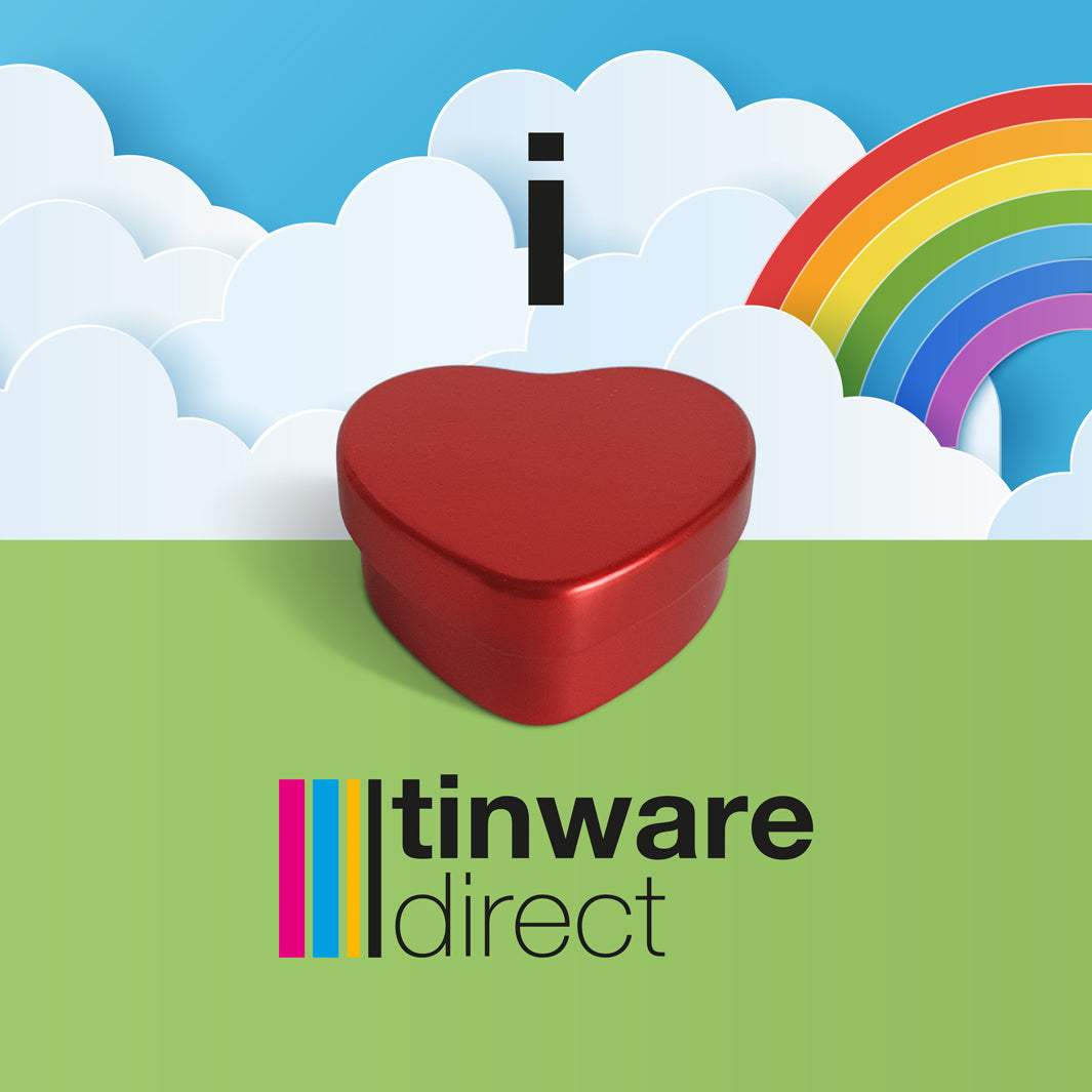 Ich liebe Tinware Direct Bild mit einer roten Herzdose.