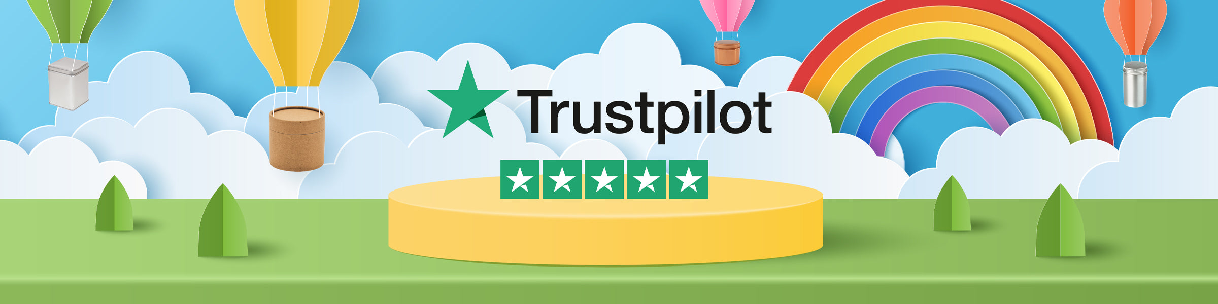 Fünf-Sterne-Bewertung von Trustpilot, umgeben von Dosen und Pappröhren, die per Luftballon geliefert werden.