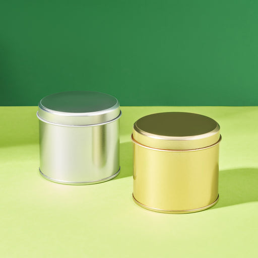Hohe, runde Blechverpackung aus Metall mit verschweißter Seitennaht, erhältlich in Gold oder Silber