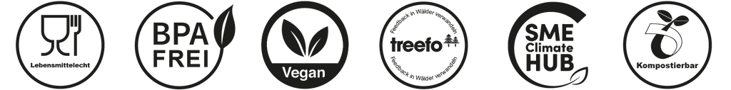Symbole für Zertifizierungen: lebensmittelecht, BPA-frei, vegan, Treefo-Aufforstungsprogramm, SME Climate Hub und kompostierbares Material.
