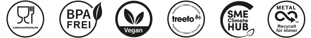 Symbole für Zertifizierungen: lebensmittelecht, BPA-frei, vegan, Treefo-Aufforstungsprogramm, SME Climate Hub und unendlich recycelbares Metall.