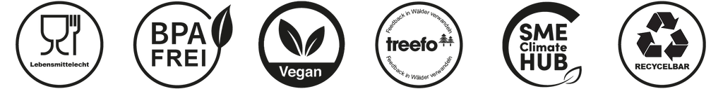 Symbole für Zertifizierungen: lebensmittelecht, BPA-frei, vegan, Treefo-Aufforstungsprogramm, SME Climate Hub und recycelbares Material.